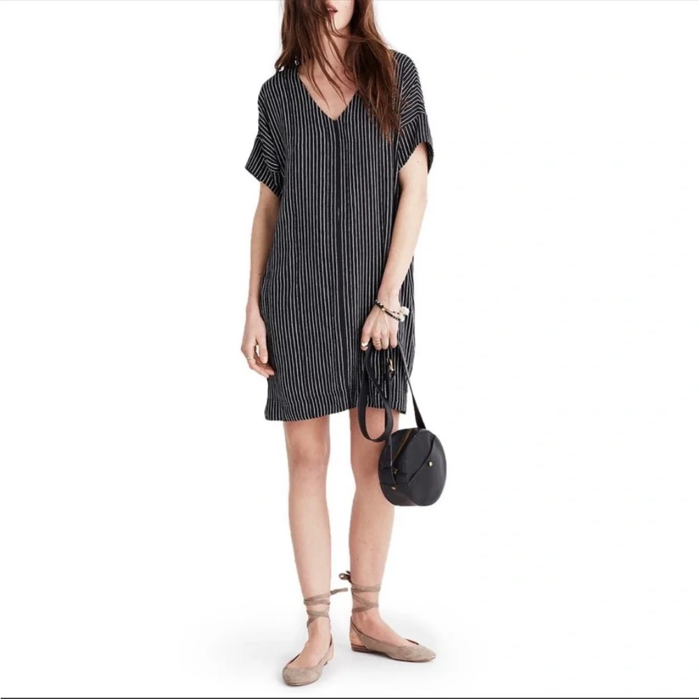MADEWELL Novel Stripe Shift Dress Black XS V-Neck Casual Tee Dress - Picture 1 of 6